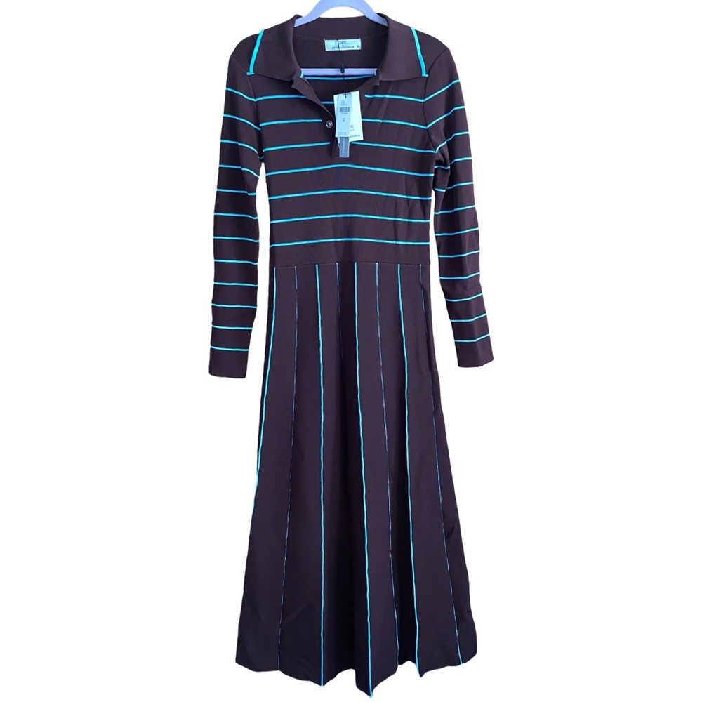 Siempre x Anthropologie Brown Striped Knit Polo Midi Dress Pleated Skirt NWT M - Picture 4 of 7